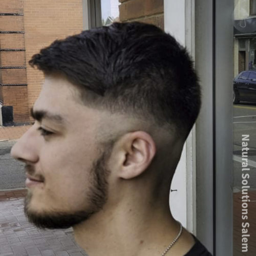 Mens high fade haircut with beard trim by Victoria Kessel