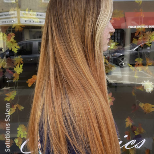 a beautiful copper haircolor with highlights transformation from
