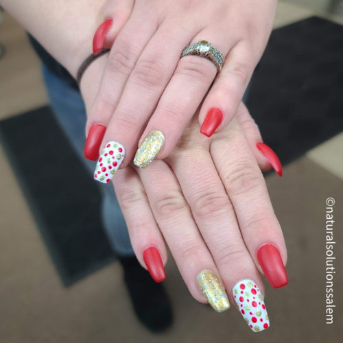 gift wrap fun acrylic nail design on a full set of nails by Stacey Kasler