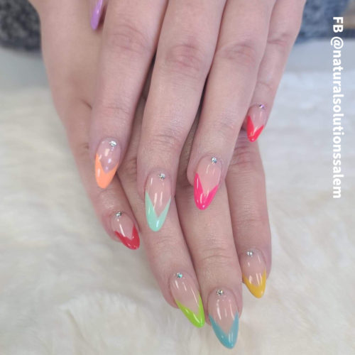 acrylic nails with pastel bright gel polish by artist Stacey Kasler