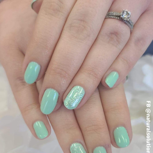 acrylic nails with light mint gel polish by artist Stacey Kasler
