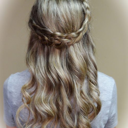 long hair curls with a crown braid hairstyle look