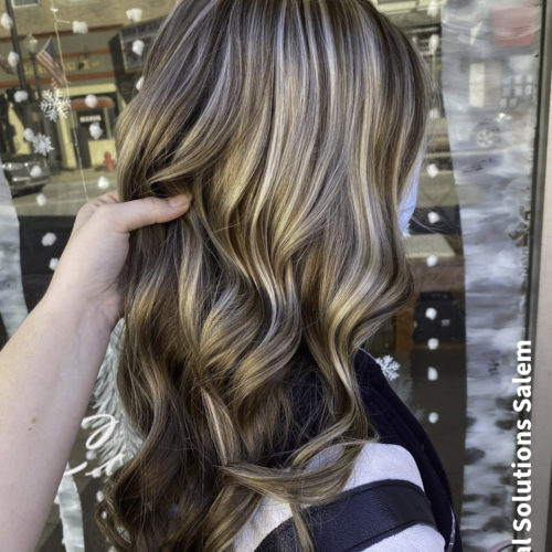 ash blonde highlights with lowlights at our Salem Ohio salon