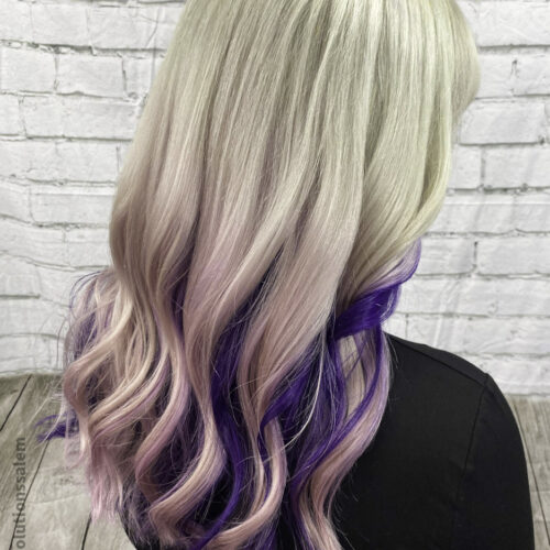 platinum blonde haircolor with vibrant purple and pastel pink