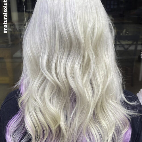 platinum blonde with violet pop of color highlights