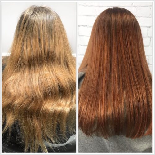 long golden blonde haircolor to copper haircolor transition